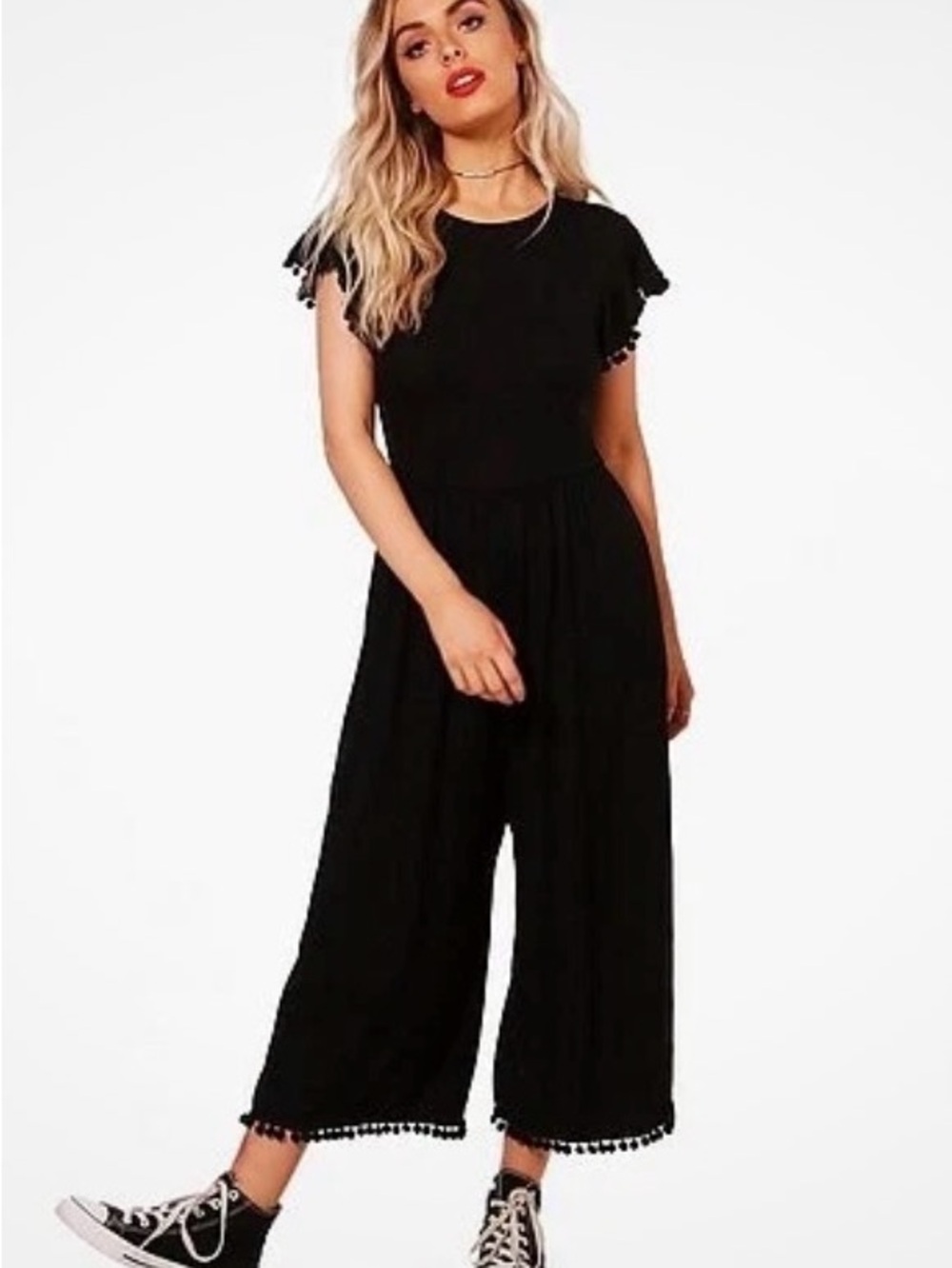 Zara Woman Jumpsuit Black Straight Jumpsuit Romper Cropped Pom Pom Trim Sz L